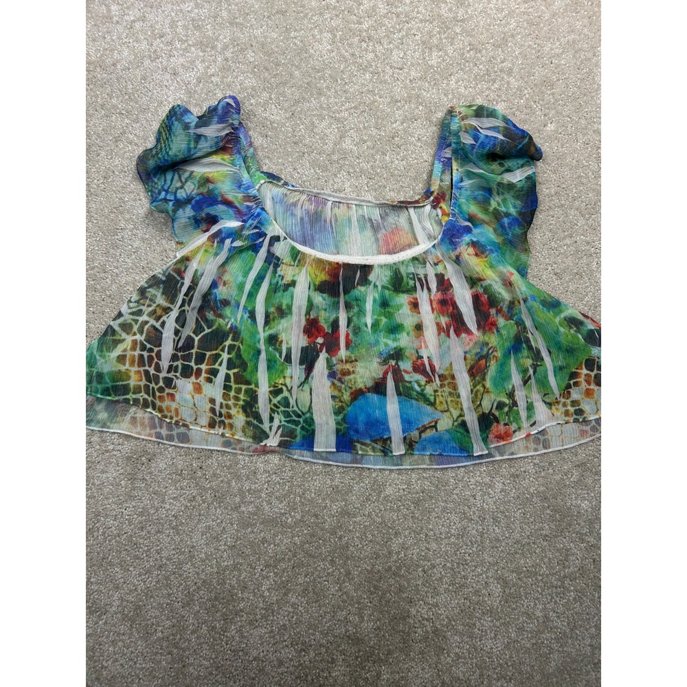 Abstract Animal Floral Crop Top S Multicolor Sheer Boho Festival Y2K Coastal